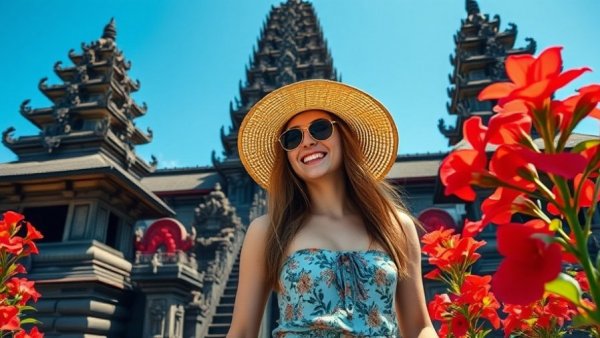 Woman exploring Bali family-friendly temples, vibrant scenery.