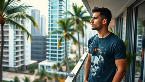 Man on balcony with urban backdrop and palm trees at cultural event.