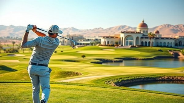 Golf in Saudi Arabia: Professional golfer swinging on pristine course.