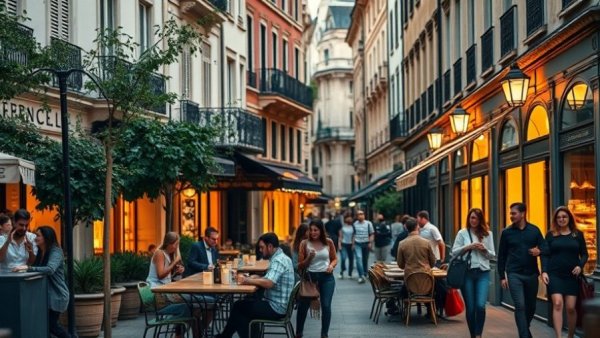 Charming European street cafe, travelers deciding on a destination