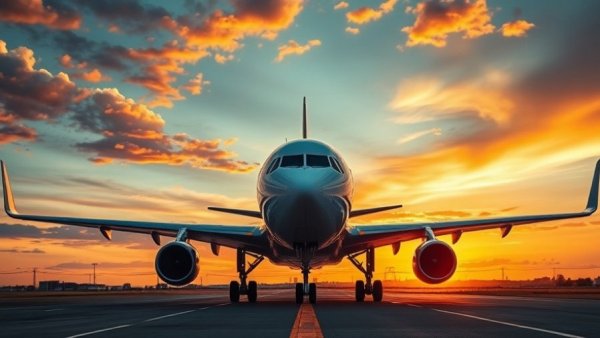 Airplane during sunset on runway, exploring travel destinations.