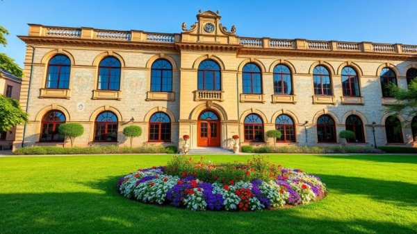 Charming historical building in Saratoga Springs, vibrant flowers.