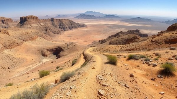 Expansive desert landscape with rugged terrain and trail, portrays Indigenous tourism experiences.