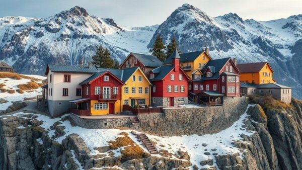 Charming Scandinavian village with colorful houses on rocky coast.