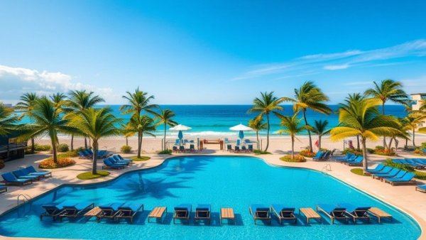 Tropical resort pool in the Bahamas with loungers and palm trees.