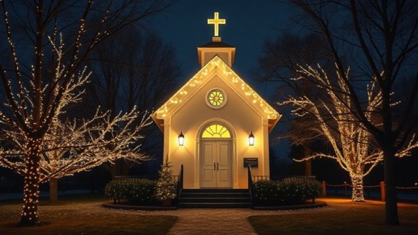 Tennessee's Twinkling Holiday Magic: chapel lit with festive lights.