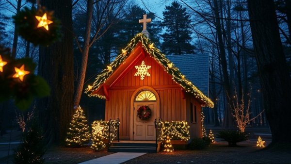 Charming chapel with holiday lights in Tennessee forest, night scene.