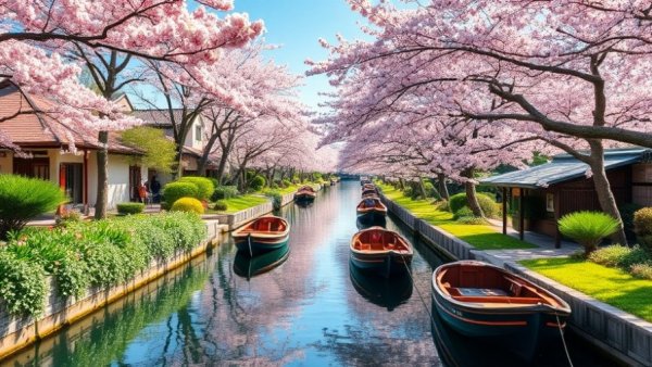 Canal with cherry blossoms and boats, travel tip in Japan.