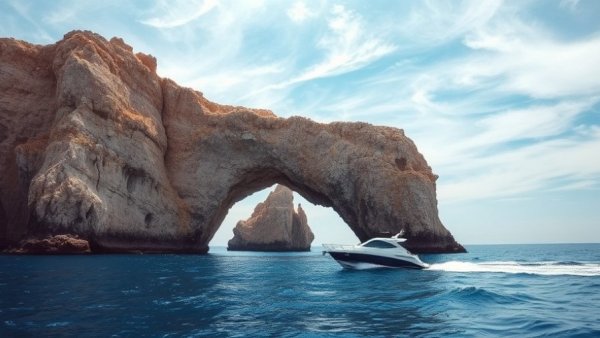 Dramatic sea arch with boat for DIY Catamaran Itinerary for Solo Travelers