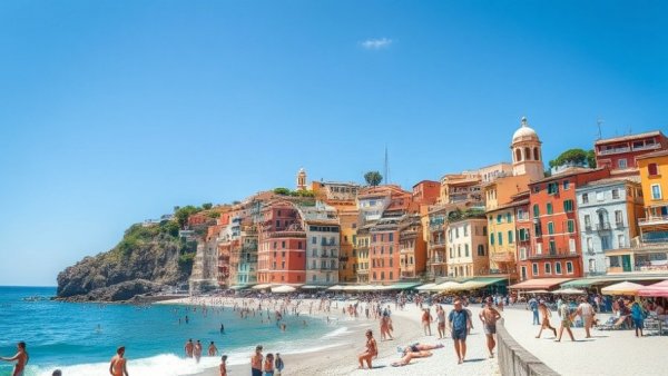 Colorful coastal town in Europe with beachgoers enjoying Europe travel experiences.