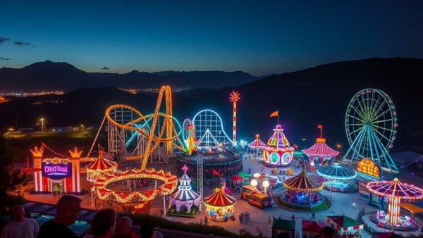 Nighttime view of Six Flags Qiddiya City vibrant with lights and rides.