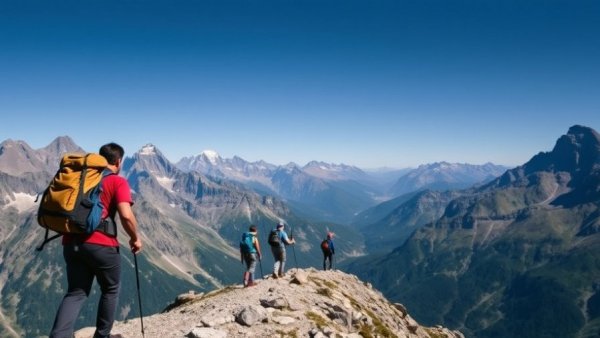 Hikers exploring mountain ridge, promoting sustainable tourism, majestic peaks.