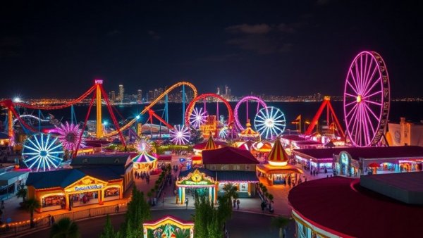 Vibrant night view of Six Flags Qiddiya City Opening with colorful lights.