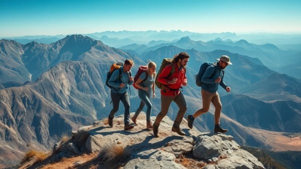 Hikers enjoying sustainable tourism experiences in mountains on a clear day.