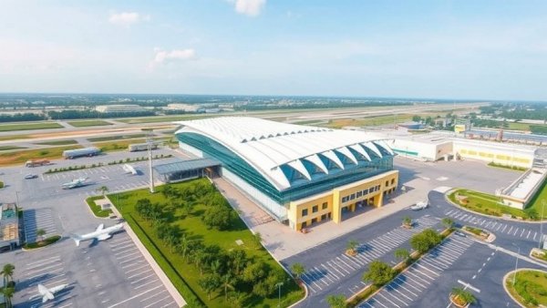 Aerial view of Cambodia's Techo International Airport with modern architecture and distinct roof design.
