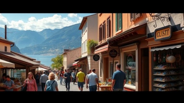 Charming market street with scenic mountain backdrop.
