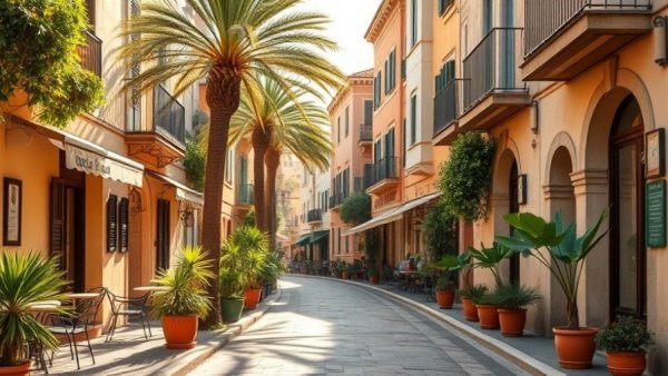 Charming sunlit street with cafes and palm trees for how to pick a travel destination.