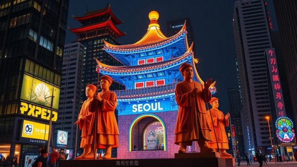Illuminated Seoul sculpture with Korean figures in travel news this week.