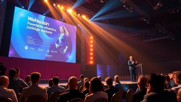 Corporate professional presenting at a conference with a large digital screen in a vibrant, well-lit setting, highlighting travel news.