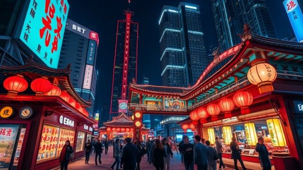 Seoul lantern display at night, modern cityscape and cultural figures, future of travel in Asia Pacific.