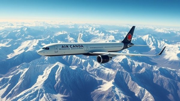 Air Canada airplane flying over snowy mountains with Black Fly-Day fares.