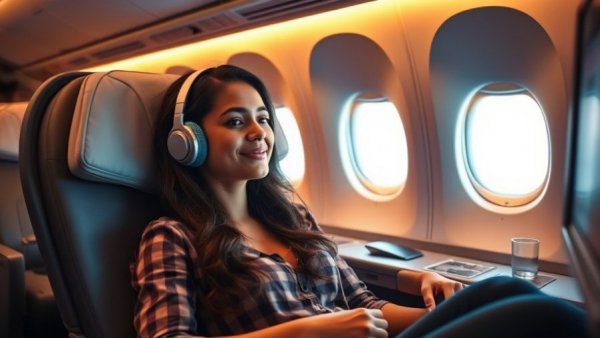 Young woman enjoying first class flight amenities, 2025 AirHelp Score.