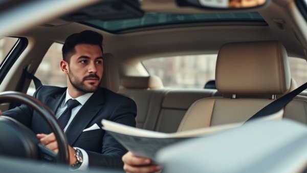 Businessman reading in luxury car during premium global airport transfer service.