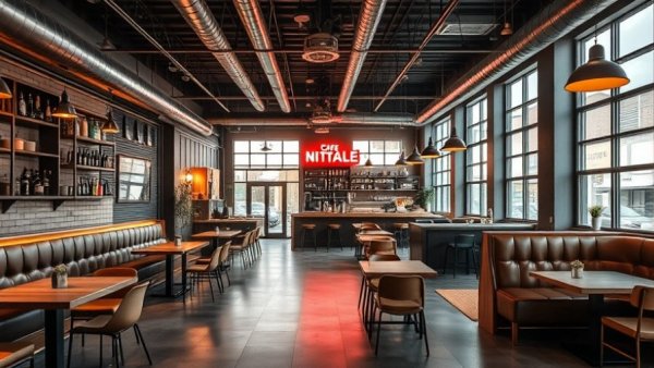 Modern cafe interior with stylish industrial decor.