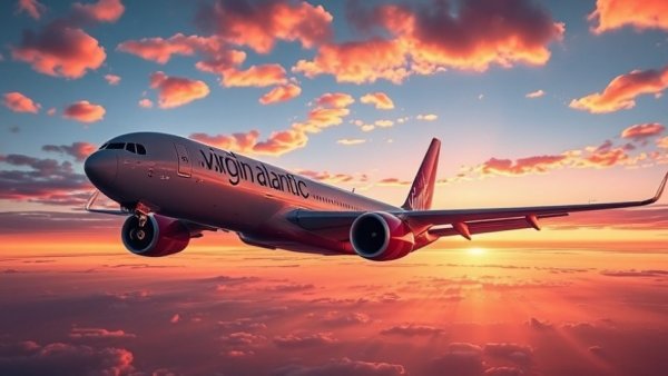 Virgin Atlantic plane flying at sunset in scenic skies, London Heathrow Bengaluru flights.