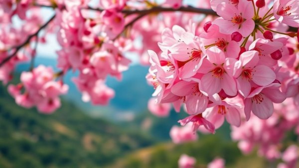 Cherry blossoms in bloom with mountains—a travel destination inspiration.