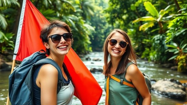 Woman traveling in tropical forest with flag and river backdrop.
