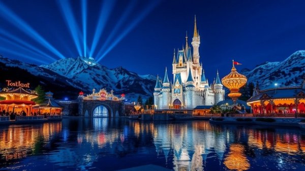 World of Frozen at Disney Adventure World opening with illuminated castle.