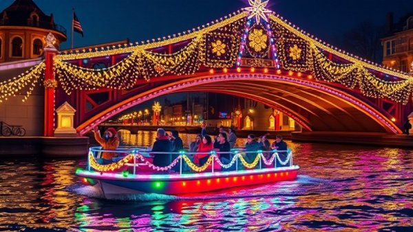 San Antonio Holiday Events 2025: Colorful festive float under a decorated bridge.