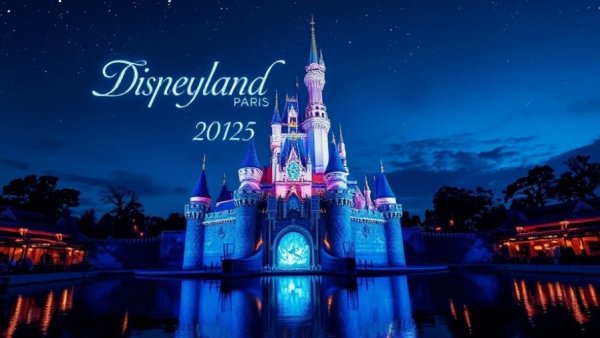 World of Frozen Disneyland Paris Opening, nighttime view with castle and lights.