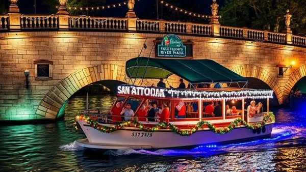 San Antonio Holiday Events 2025: Vibrant holiday boat parade under lit bridge.