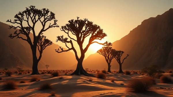Majestic dragon blood trees during golden hour in an exotic destination.