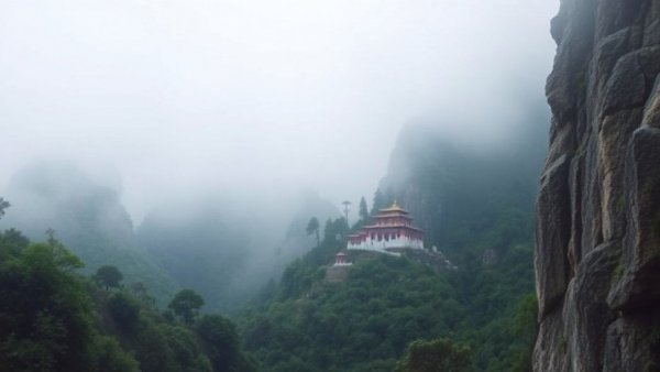 Misty mountain monastery surrounded by lush forest, choosing a travel destination