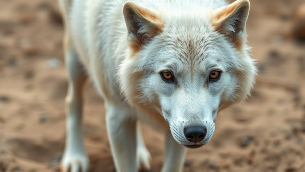 White wolf close-up on a sandy terrain, family adventure walking with wolves.