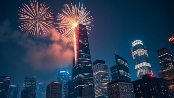 Emaar NYE Celebration fireworks illuminate skyscraper and cityscape.