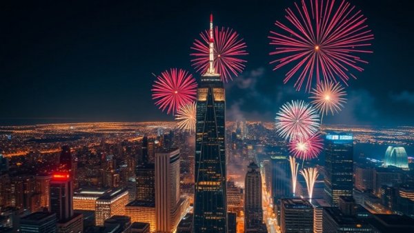 Emaar New Year's Eve Celebration with fireworks illuminating the night skyline.