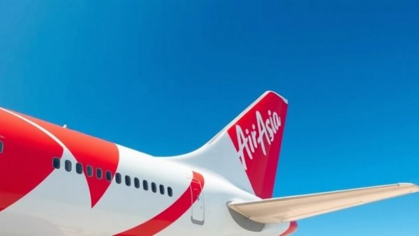 AirAsia airplane tail with logos in clear sky, AirAsia Cruise Booking Platform.