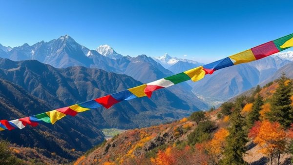 Haa Valley Bhutan travel view with prayer flags and mountains.