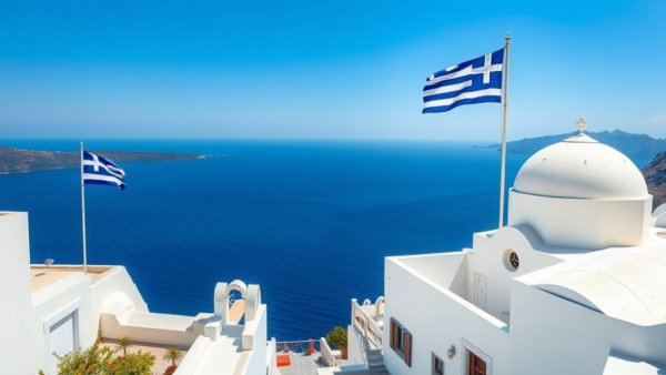 Stunning Santorini vista with Greek architecture and flag, Greece Golden Visa.
