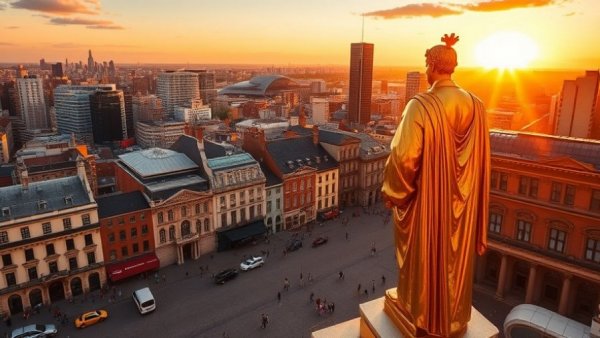 Chihuahua travel destination 2026, golden statue at city square during sunset, vibrant city life.