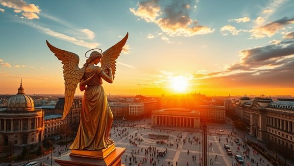 Vibrant cityscape in Chihuahua at sunset, iconic golden angel statue.
