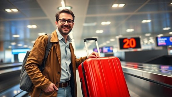 Casual man retrieving red luggage at airport baggage claim.