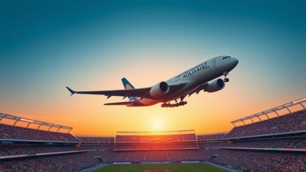 A380 flypast Eid Al Etihad over stadium at sunset