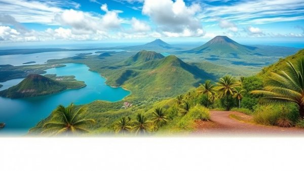 Choosing a travel destination with a scenic view of lush hills and a volcano.