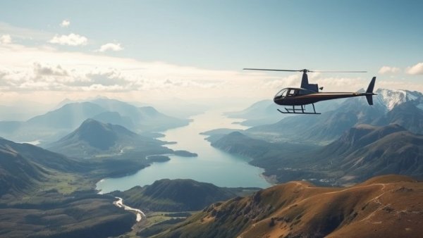 Aerial view of Southern Lakes, New Zealand, with helicopter.