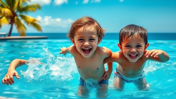 Children enjoying affordable travel to the Maldives, poolside joy.